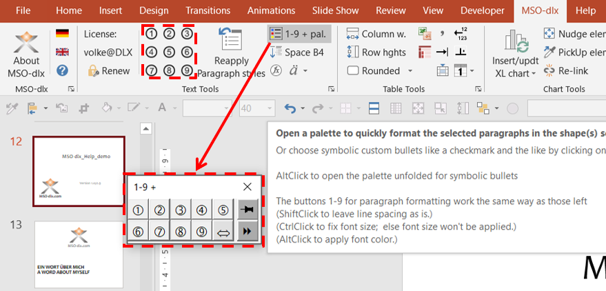 Floating palette for quick paragraph formatting and custom bullets